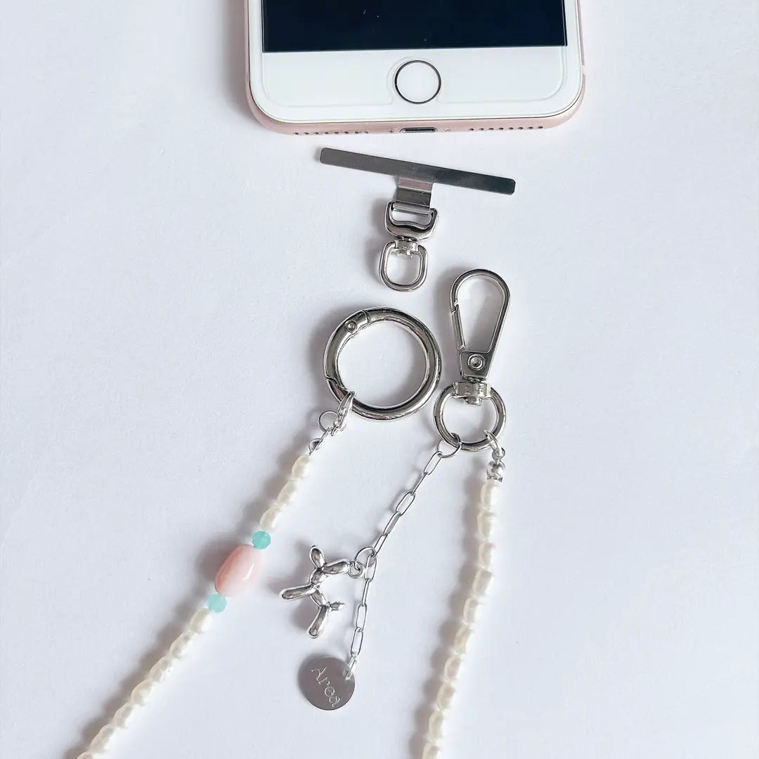 Area刻印チャーム付ロング２way　天然石×淡水パールストラップ(スマホ&バッグチャーム）