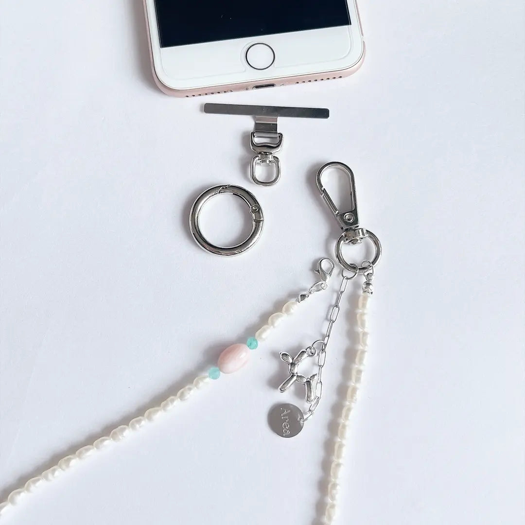 Area刻印チャーム付ロング２way　天然石×淡水パールストラップ(スマホ&バッグチャーム）