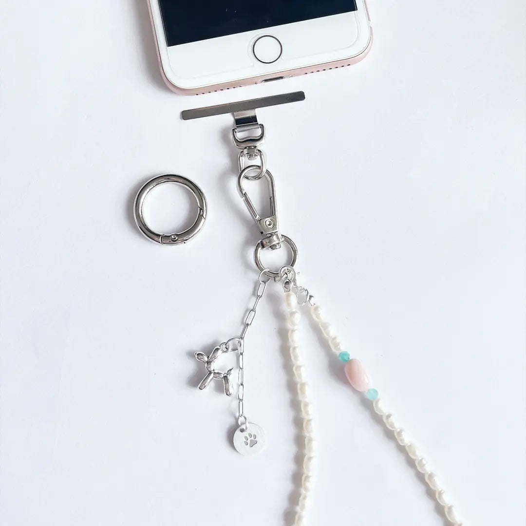 Area刻印チャーム付ロング２way　天然石×淡水パールストラップ(スマホ&バッグチャーム）